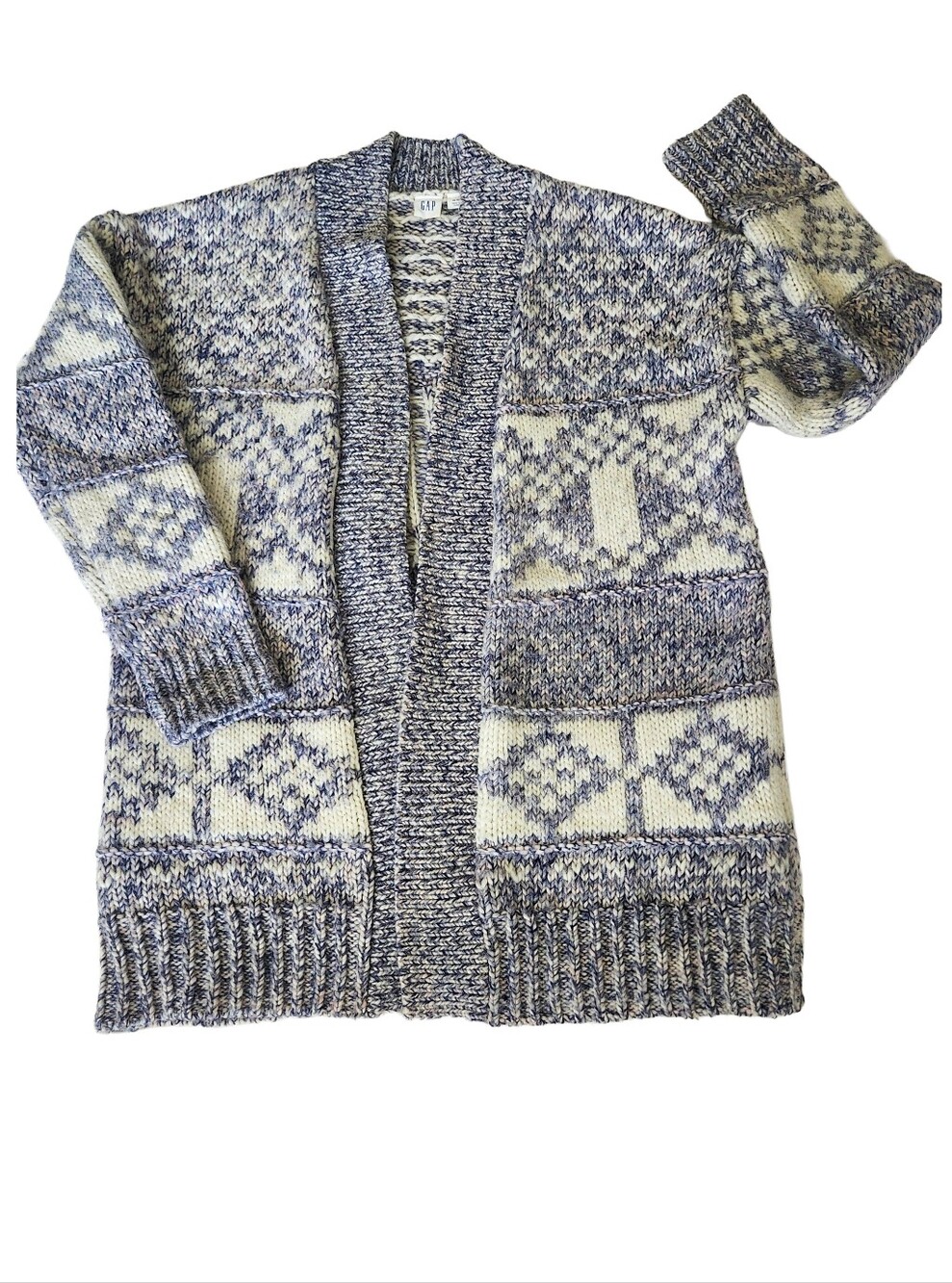 Fair Isle Chunky Knitted Cardigan Cream Purple Violet Fits Size XS S SM